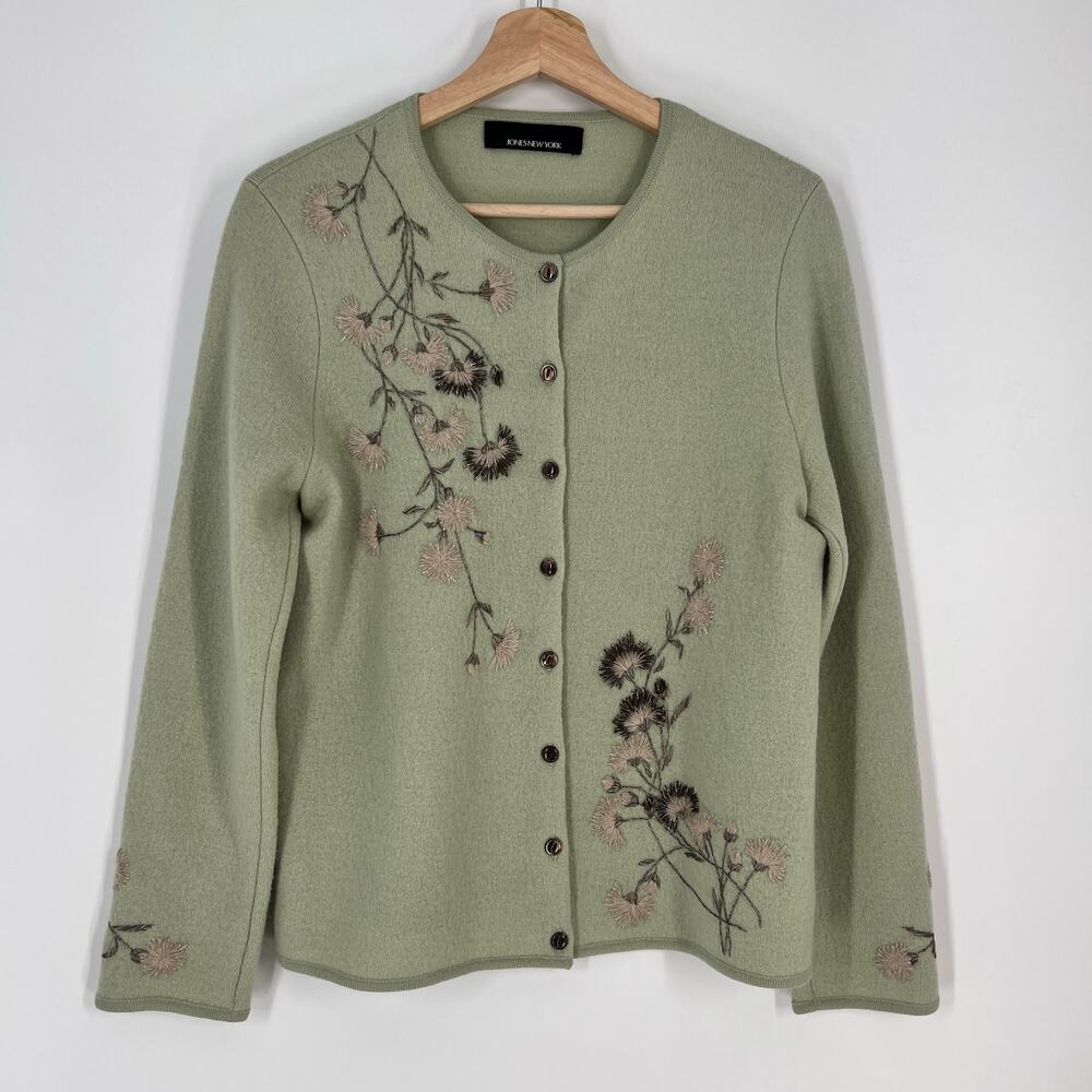 Vintage Y2K Jones New York Boiled Wool Cardigan Womens M Green Floral Embroidery